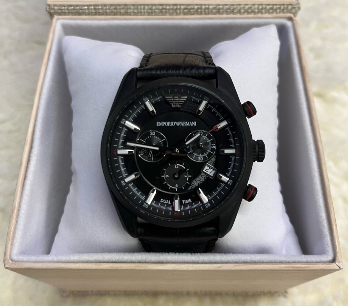 Mens Armani Emporio black dial water resistant dual time watch AR6035