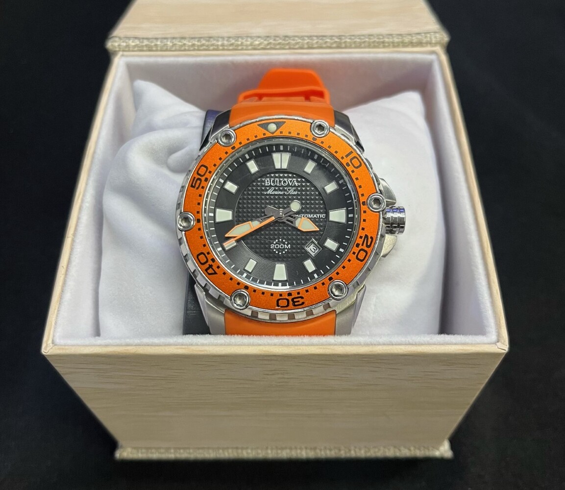 bulova automatic stainless steel water resistant orange rubber band